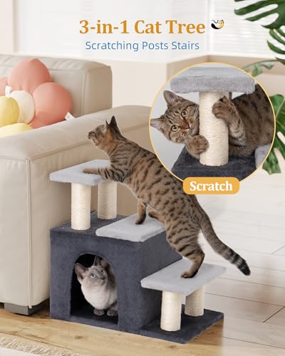 Aechonow 3-in-1 Pet Stairs for Cats, Dog Steps for Small Doggie Rabbits | 6.29'' Depth Cat Stairs, Indoor Cat Ladders for High Bed for Pet's Joints, 1 Cat Condo Cave, Sisal Scratcher, Grey, Medium - size: M-Gray