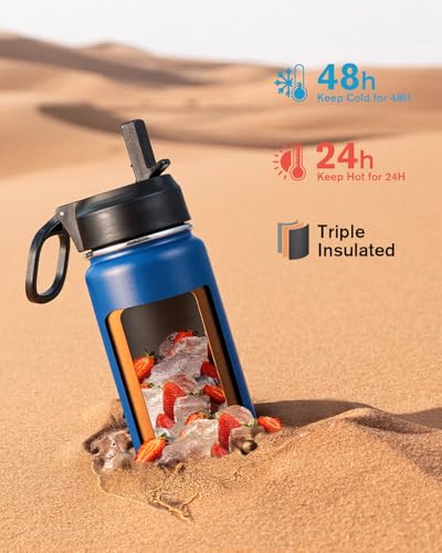 Coolflask 24 oz Insulated Water Bottle with Straw & 3 Leakproof Lids | Water Flask Stainless Steel Triple-Wall Vacuum, Cupholder Friendly, Cold 48+h, Dishwasher Safe, Non-BPA, for Gym & Hiking - color: King's Blue, size: 24 Ounces