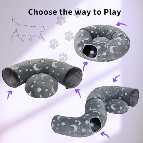 Cat Tunnel Bed for Indoor Cats with Washable Cushion Cat Cave Donut Tunnel with Fluffy Ball Big Round Tube Pet Playground Toys Soft Plush Peekaboo for Kitten, Cat, Puppy, Rabbit, Ferret（Moon Star） - color: Moon Star