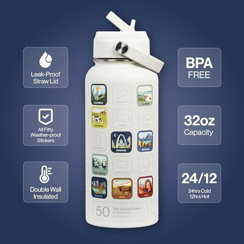 THE GEOPROJECT 50 States Bucket List Water Bottle with Stickers - 32oz Leakproof Insulated Stainless Steel with Straw & 50 States Water Bottle Stickers (Tan) - color: Sandstone/Tan