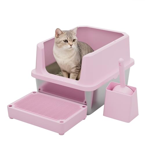 RIZZARI Cat Litter Box Anti-Scatter: Open-Room for Large Cats & Multi-Home | Odor-Free Steel Pan / Paw-Massage Entry Trap / Raised Anti-Spill Edges / Fits Maine Coon & 2+ Cats / Easy-Scoop Open View - color: Pink