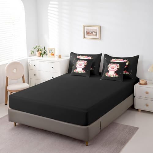 Erosebridal Pink Pig 7 Piece Comforter Set for Girls Kawaii Room Decor Queen,Rose Floral Leaf Bed in a Bag with Flat Sheet and Fitted Sheet,Cute Farm Animal Cartoon Bedding Set with Pillowcase & Sham - color: Black Pink, size: Queen