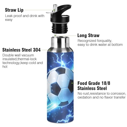 Soccer Water Bottle 20 oz, Blue Lightning Boys Sports Water Bottle, Insulated Vacuum Stainless Steel Mug with Straw Lid & Handle - color: B01