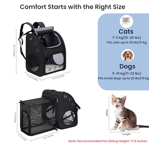 Expandable Cat Backpack Carrier, Large Space, Airline Approved, XL | Pet Carrier Backpack Up to 25 lbs, Portable Cat Travel Backpack, Ideal for Traveling/Hiking /Camping/Vet, Black - color: Black-XL