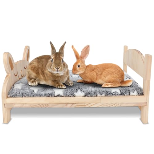 BWOGUE Large Wooden Rabbit Bed, Bunny Bed with Removable Cushion, 2-in-1 | Bunny Wooden Bed, Wooden Bed for Rabbits, 20.5 x 14.3 in, Folding Frame, Raised Resting Spot, Guinea Pigs, Kittens, Rabbits - size: 20.6''×14.7''×3.7''