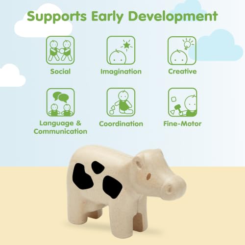 PlanToys® Cow Wooden Montessori Kids Farm Animal Figurine Creative Play | cow wooden figurine, montessori imaginative play, language development social interaction coordination, animal figure, kids t - color: Cow