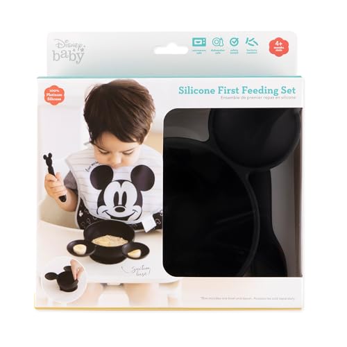 Bumkins Disney Mickey Mouse Bowl, Silicone First Feeding Set with Suction, Includes Spoon, Training Essentials for Baby-Led Weaning, Toddler Self-Feeding, Babies Eating at 4 Mos Up, Black - color: D3 Mickey Mouse-Blk, style: Disney