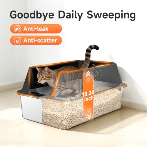 Stainless Steel Litter Box with High Sides, XL | High Sided Cat Litter Pan, Open Top Extra Large Metal Cat Litter Box, Non-Stick, Odor Free, Leakproof, Scoop Included,Black - color: Black