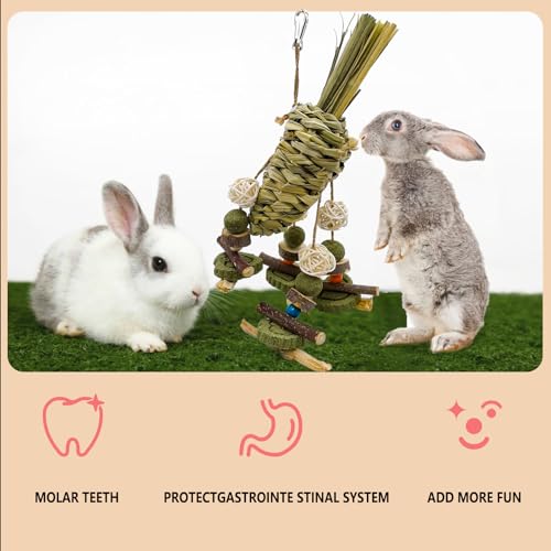 Rabbit Chew Toy, Bunny Cage Hanging Chew Toy & Treats,Natural Material Handwoven Chinchilla Treats Toys for Guinea Pigs Hamsters Rats and Other Small Pets Teeth Grinding - color: Grass Radish Style