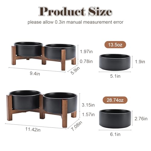 SPUNKYJUNKY Ceramic Dog Bowls with Acacia Wood Stand - Raised Dog Food and Water Bowl Set for Small Dogs (13.52 OZ, Black) - color: Black, size: 13.52 Oz