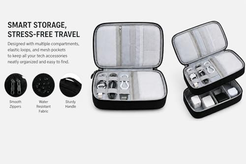 Electronic Organizer Travel Essentials Case, Waterproof Double Layer Cable Storage Pouch Bag for Charger, USB Cords, Power Bank, Phone Mouse SD Card Earphone Camera, Tablet (Up to 11 inch)