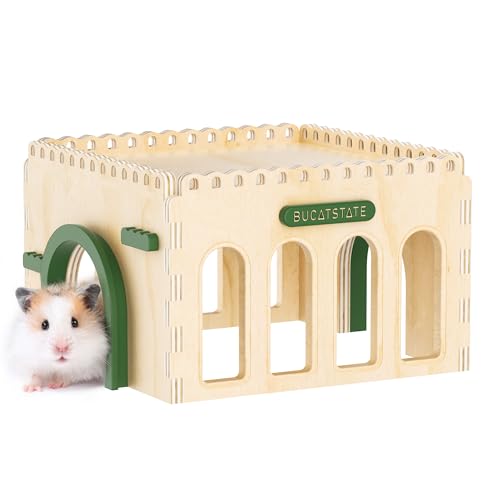 BUCATSTATE Natural Wood Hamster Hideout Castle, Easy-Assemble & Breathable | Multi-channel hideaway, waterproof sturdy wood cage play hut for Syrian Dwarf Hamsters, Gerbils & Mice.