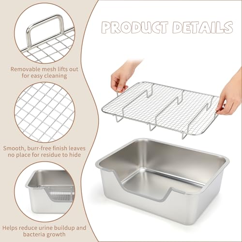 BWOGUE Large Stainless Steel Rabbit Litter Box, Bunny Litter Box with Grid | Raised Grid for Waste Separation, Hay Feeder, Water Dispenser, Easy-Clean Design, Guinea Pigs, Small Animals - size: M:17.7in ×13.8in × 5.9inches