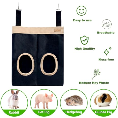 Rabbit Hay Feeder Bag for Guinea Pigs and Chinchillas | Chew Proof Washable Oxford Cloth Hay Rack, Timothy Hay Holder, Hanging Double Hole Black Oxford Cloth