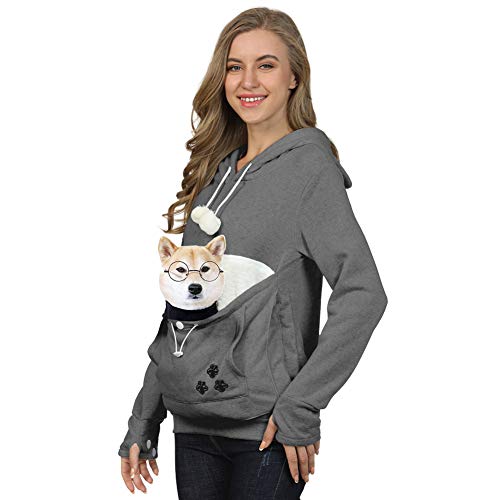 Womens Pet Carrier Sweater Dog Cat Pouch Hoodies Plus Size Tops - color: Dark Grey, size: Small