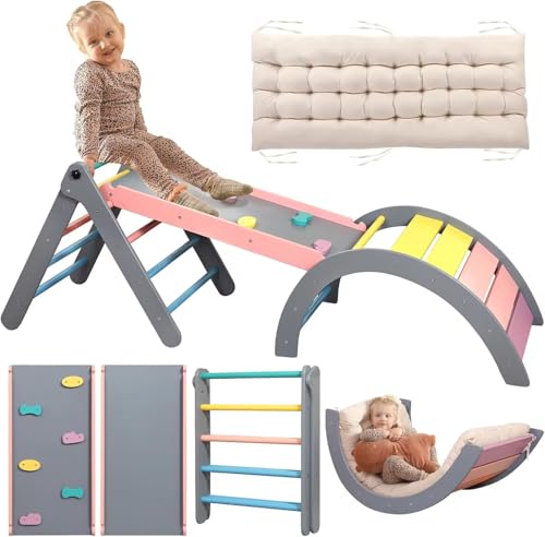 Pikler Triangle Set with Cushion, 7 in 1 Toddler Climbing Toys Indoor | Foldable Space-saving Design, Montessori-inspired Learning, Reversible Slide & Ramp, ASTM F963 Standards for Toddlers 18M-5Y - color: Rainbow With Blue