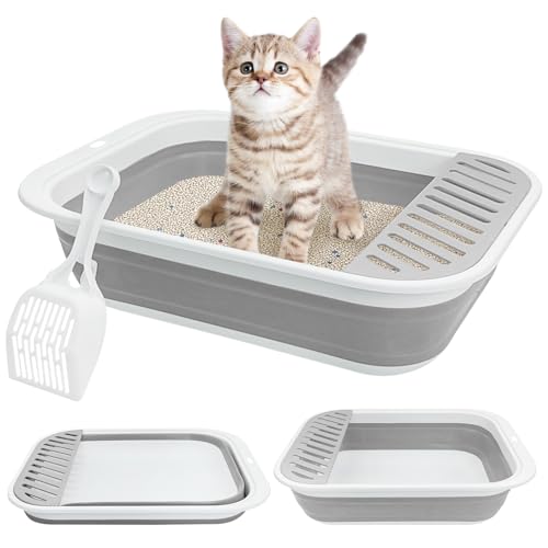 Fhiny Kitten Litter Box Portable Shallow Litter Box 17.7"x13.4"x4.9" Foldable Cat Toilet with Scoop Open Kitty Potty Pan with Litter Drop Pedal Easy to Clean Travel Kitten Toilet(Gray) - color: Grey-M