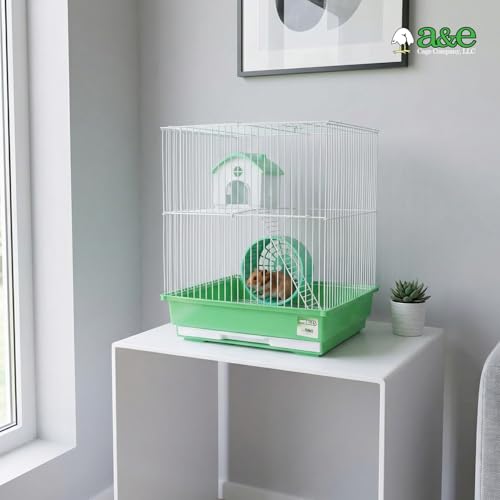 A&E Cage Co HAM007-SP Two Story Hamster Cage – 14" x 11" x 15" Small Animal Habitat with Exercise Wheel & Play House – Hamster, Gerbil & Small Pet Cage with Slide-Out Tray (Green & White) - size: Small