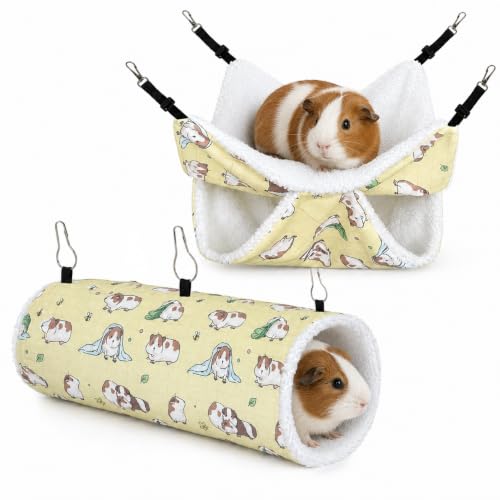 Small Pet Hammock & Tunnel Set for Ferrets, Guinea Pigs, Rats - Plush Hideout Bed & Cage Toy, 2-Pack, Yellow Guinea Pig Print - color: Yellow