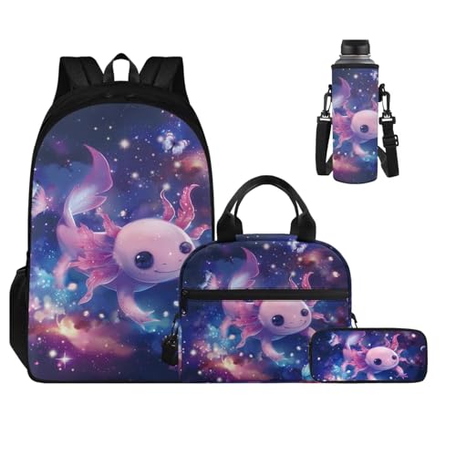 Starry Axolotl Backpack for School Boys 4th Grade Girls Backpack with Lunch Box with Bottle Pocket Adjustable Shoulder Strap Water Bottle Cover and Pencil Box 4Pcs Sets for Kids/Toddler - color: Starry Axolotl