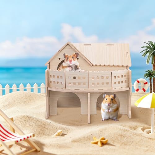 Wooden Hamster House with Balcony, Small Animal Habitat Double-Decker Forest-Style Hut Chew Toys for Dwarf Hamsters, Gerbils, Small Pets (Hole Diameter 6 CM) - size: Hole Diameter 6 CM