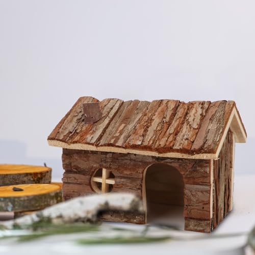 Hypeety Natural Wooden Hamster House Cage Small Animals House with Chimney | Natural solid wood, chew-proof and ventilated play house, for hamsters/gerbils/mice, no assembly required, 7.8x5.1x5.1'', M - size: M