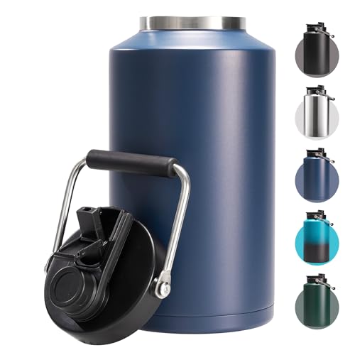 Fijinhom One Gallon Insulated Water Bottle for Travel: 2-in-1 Straw and Spout Lid, Keep Cold 24Hrs, Leakproof, 128oz Water Jug With Handle, Vacuum Stainless Steel for Sports, Hiking, Trip(Dark Blue) - color: Dark Blue, size: 128 Ounces