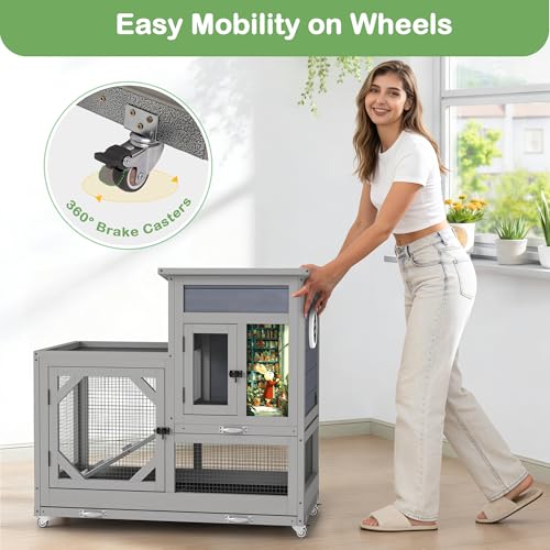 COZIWOW Rabbit Hutch Indoor Outdoor Bunny Cage with Wire Floors, Gray | 2 Wire Floors & Removable Trays, 2-Story Large Wooden Rabbit Cage on Wheels, Chewproof Ramp for Multiple Small Animals