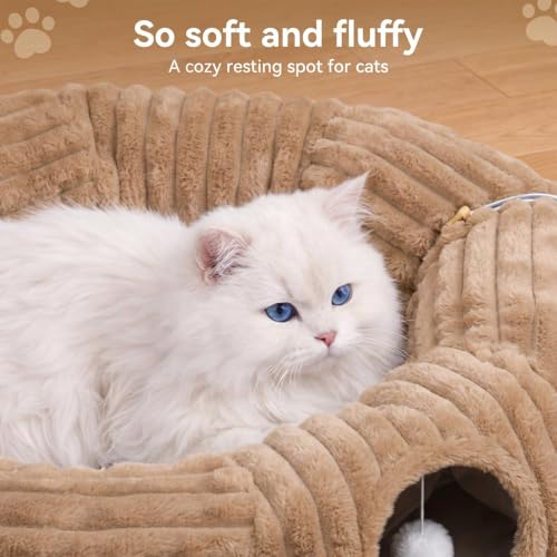 Dogpals Cat Tunnel Bed Cave 33" Lx10 Wx10 H for Indoor Cats(Khaki) | Washable Cozy Cushion, Soft Striped Plush Fabric, Hideaway Peekaboo Cave for Kittens, Puppies, Rabbits & Small Pets - color: Khaki