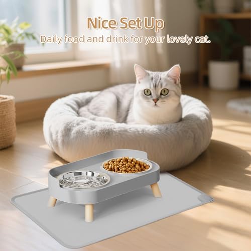 Elevated Cat Bowl with Food Mat, Raised Cat Food and Water Bowl Set for Indoor Cats, Splash Proof with 2 Stainless Steel Pet Food Bowls for Cats and Puppies,Whisker Fatigue and Dishwasher Safe (Grey) - color: Cat Bowls with mat - grey