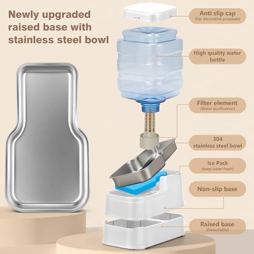 1.1 Gallon Pet Automatic Dog Water Dispenser Cat Gravity Waterer Feeder with Stainless Steel Bowl 8L Large Capacity Puppy Feeding Raised Bowls with Filter,Ice Pack (White, 4L(1.1 Gallon)) - color: White, size: 4L(1.1 Gallon)