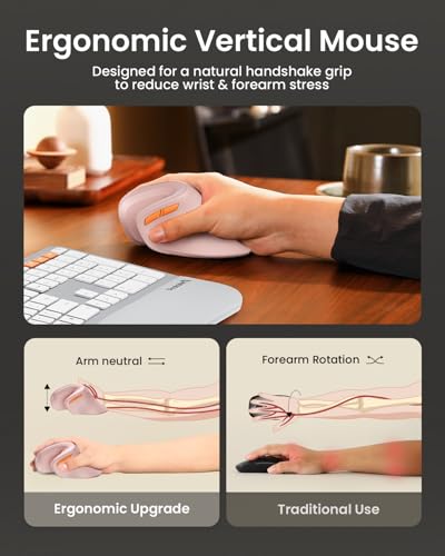 ProtoArc EM11 NL Wireless Ergonomic Vertical Mouse, Rechargeable, Pink | Connects to 3 devices via Bluetooth/2.4G USB-A, with 500mAh USB-C charging, 1000/1600/2400 DPI, quiet clicks - color: Pink