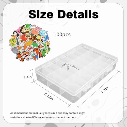 OALCQ Plastic Storage Box with 24 Grid, 100 PCS Animal Stickers, Small Organizer Container for Beads & Screws, Dividers Case for Craft Jewelry Screws Tackle Accessories - style: animal