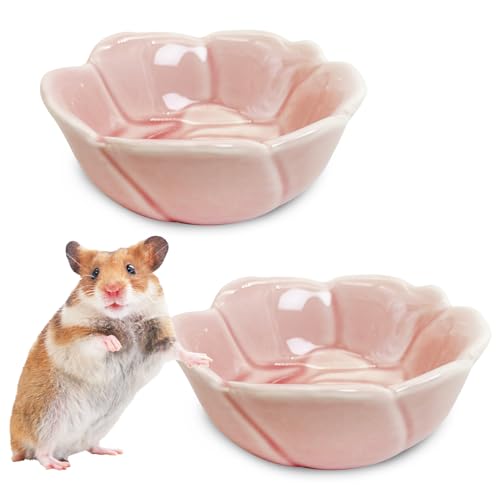 BNOSDM 2 Pcs Hamster Ceramic Food Bowl Flower Series Gerbil Drinking Bowls Anti-Turning Food & Water Dish for Dwarf Syrian Hamsters Gerbil (Pink, Rose Pattern, 3.74“ x3.74“ x1.77“) - color: Pink