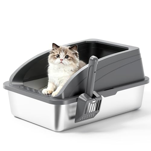 Stainless Steel Cat Litter Box with Lid, Metal Kitty Litter Box with Scoop, Non-Stick Base, Easy to Clean for Cat, Rabbit, Guinea Pigs and Hamsters - Dark Gray - color: Dark Gray