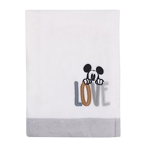 NoJo Disney Mickey Mouse Love Mickey White, Gray, and Tan Love Applique Super Soft Baby Blanket - color: Mickey Mouse Love