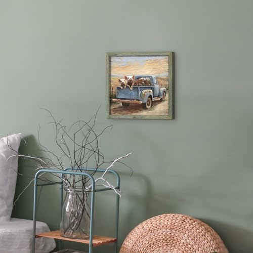 Farmhouse Wall Art Framed Picture: Rustic Farm Country Animal Print Decor Truck Wooden Artwork Pig Painting for Bathroom Bedroom Home 12 x 12 Inches - color: Pig on Truck, size: 12L" x 12W"