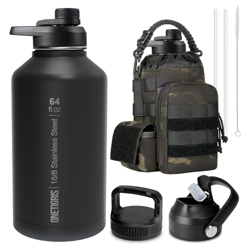 ONETIGRIS 64oz Tactical Insulated Water Bottle with 3 Lids & MOLLE Pouch | 48H Cold & 24H Hot Double Wall, 304 Stainless Steel Wide Mouth, BPA Free Leakproof Silicone Seal, Paracord Handle Easy Carry - color: Camo Black