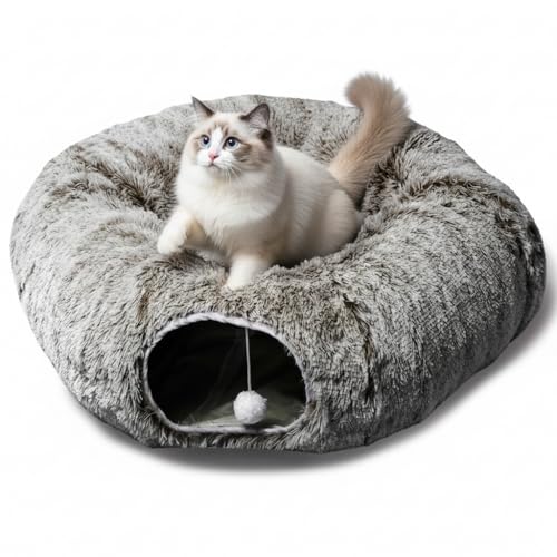 AUOON Plush Cat Tunnel Bed for Indoor Cats, 36" L x 36" W x 11.5" H, Brown | 2 in-1 Interactive Cat Toy, with Hanging Ball Toy, Machine Washable Center Pad, for Kitten Puppy Rabbit Ferret - color: Brown