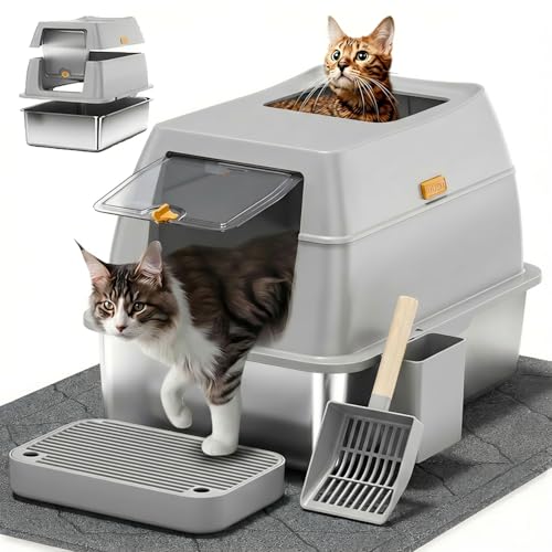 Stainless Steel Litter Box with Lid,Front Entry Top Exit Kitty LitterBox,Extra Large Enclosed Metal Cat Box with Litter Scoop & Litter Mat-Light Gray - color: Light Gray
