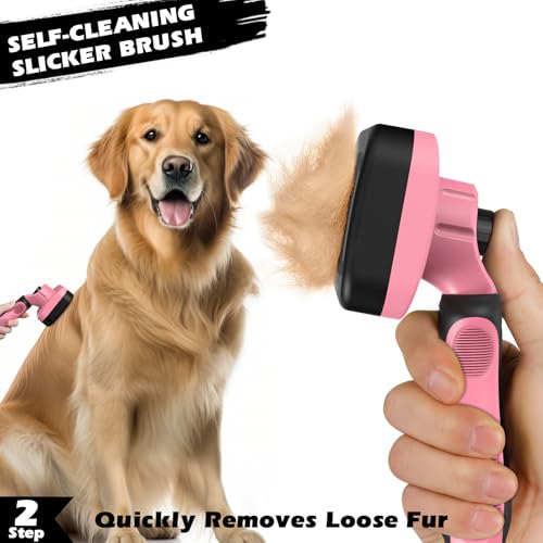 Professional 3PCS Self Cleaning Slicker Brush & Pet Grooming Rake & Flea Comb for Dogs,Cats and Horses | Double-Sided Dematting Comb & Skin Friendly Deshedding Grooming Tool (Light Pink) - color: Light Pink