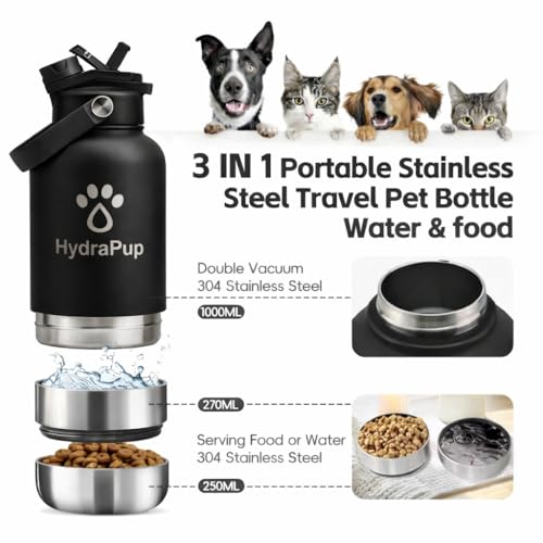 32oz Insulated Water Bottle with Dog Bowls – Human & Pet Shared Use, Stainless Steel Leakproof Travel Bottle (Matte Black) - color: Matte Black
