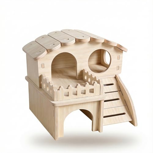 Multi-Chamber Wooden Hamster Hideout, House and Cage Accessory, Model 2 | Natural wood retreat for dwarf hamsters, gerbils and mice, with multiple chambers, openings and ventilation holes.