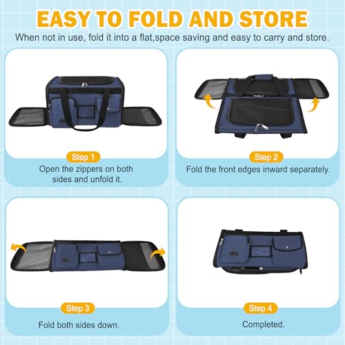 HUANLANG Large Cat Carrier Soft Sided Travel Pet Carrier Airline Approved | Dog Carriers for Small Dogs Medium Cats,Collapsible,3 Storage,zipper lock,Reflective strips,Luggage Strap, Up to 15 Lbs - color: Navy Blue