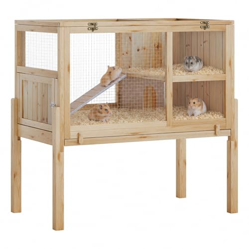 Garvee Wooden Guinea Pig Cage Indoor with Stand, 2-Story Rabbit Hutch | 38" Hamster Hutch w/ Ramp & Hideout, Clear Vision, Leak-Proof Pull-Out Tray, Lockable Door, Bunny Habitat Wood color - color: Wood color