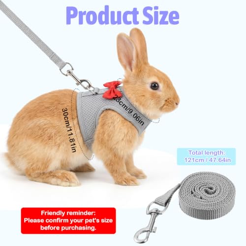 Bunny Leash and Harness Set, Rabbit Harness Vest, M Size | Bunny Harnesses, Adjustable Straps Design, Soft Mesh Harnesses for Puppies, Kitten, Guinea Pigs, Grey - size: M