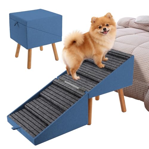 Dog Ramp for Bed & Couch, Dog Stairs 21.06 inches High for Large/Medium/Small Doggie, Foldable 2 in 1 Wooden Pet Steps for Puppy Older and Injured Dogs, Split Ottoman Design, No-Slip Surface - size: 21.06" H-Blue
