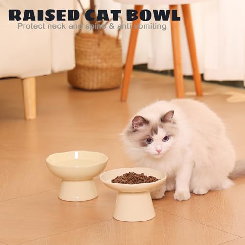 6.1" Wide 1.57" Deep Elevated Cat Bowls, Ceramic Water Bowls for Flat Faced Cats,Cat Feeder,Stress Free,Protect Cat’s Spine,Cream - color: Cream-Deep