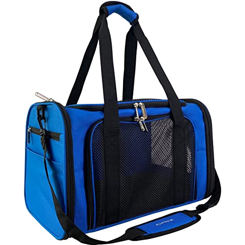 Airline Approved Soft Sided Pet Carrier, 17.5X11X11 Travel Tote with Soft Padded Bedding with Strong 1/4" Wood Base, Seatbelt & Luggage Attachment, Perfect for Cats and Small Dogs