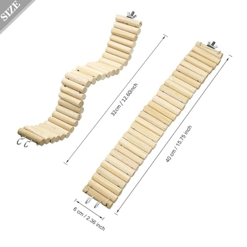 2Pcs Hamster Suspension Bridge 15.7x2.4in Flexible Bendy Climbing Ladder Hanging Wooden Chew Toy for Bird Parrot Chipmunk Sugar Glider Gerbil Mice